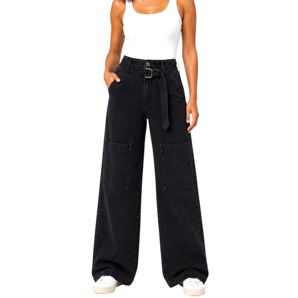 Forever 21 Premium Womens Black High Rise Wide Leg Cargo Belted Jeans Size 27